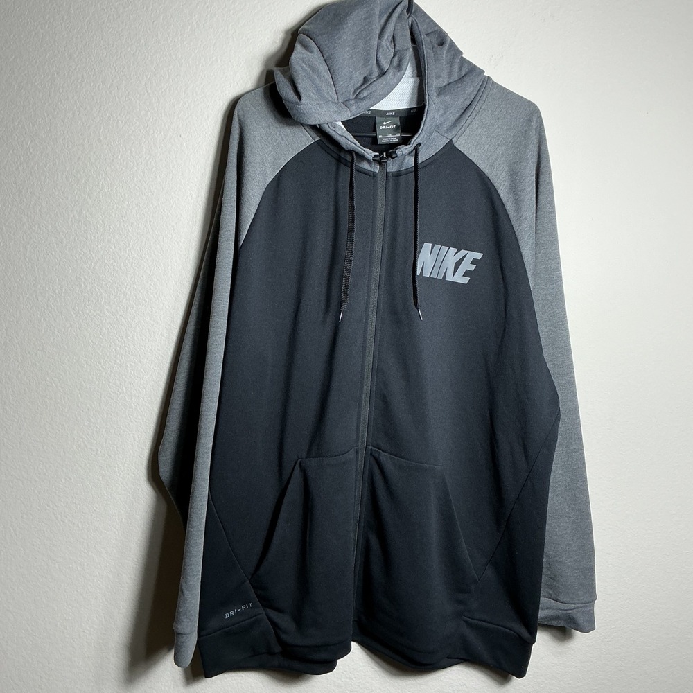 Nike Full Zip Hoodie Mens XXL Black Grey Dri-FIT Raglan Training Jacket Hood - Picture 2 of 8